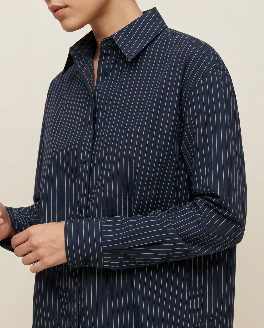 Reformation Navy White Pinstripe Button-Forward Long-Sleeve Shirt XS - photo 5