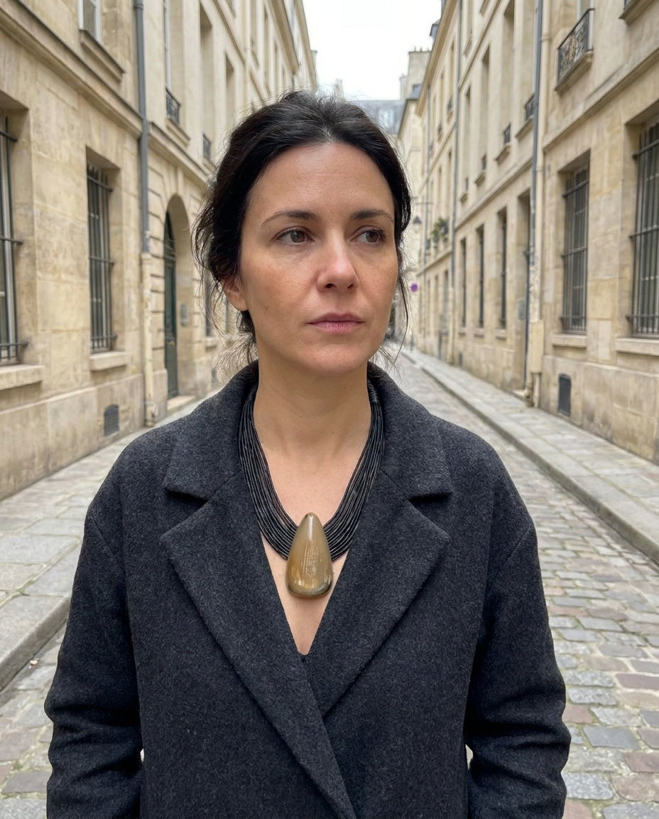 Mid-20th Century Multi-Strand Leather Cord Bib Necklace with Teardrop Pendant - photo 5