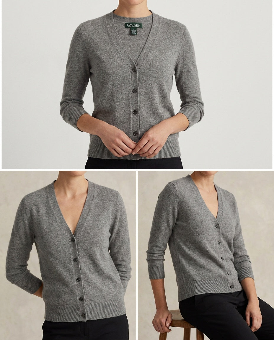 Ralph Lauren Heather Gray Cashmere V-Neck Cardigan with Dark Green Label - photo 5