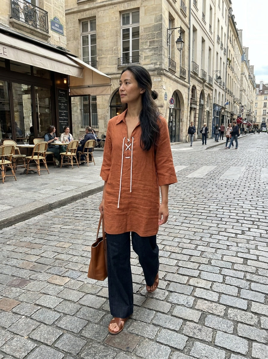 L'AGENCE Rust/Burnt Orange Linen Tunic with Lace-Up Neckline - photo 5