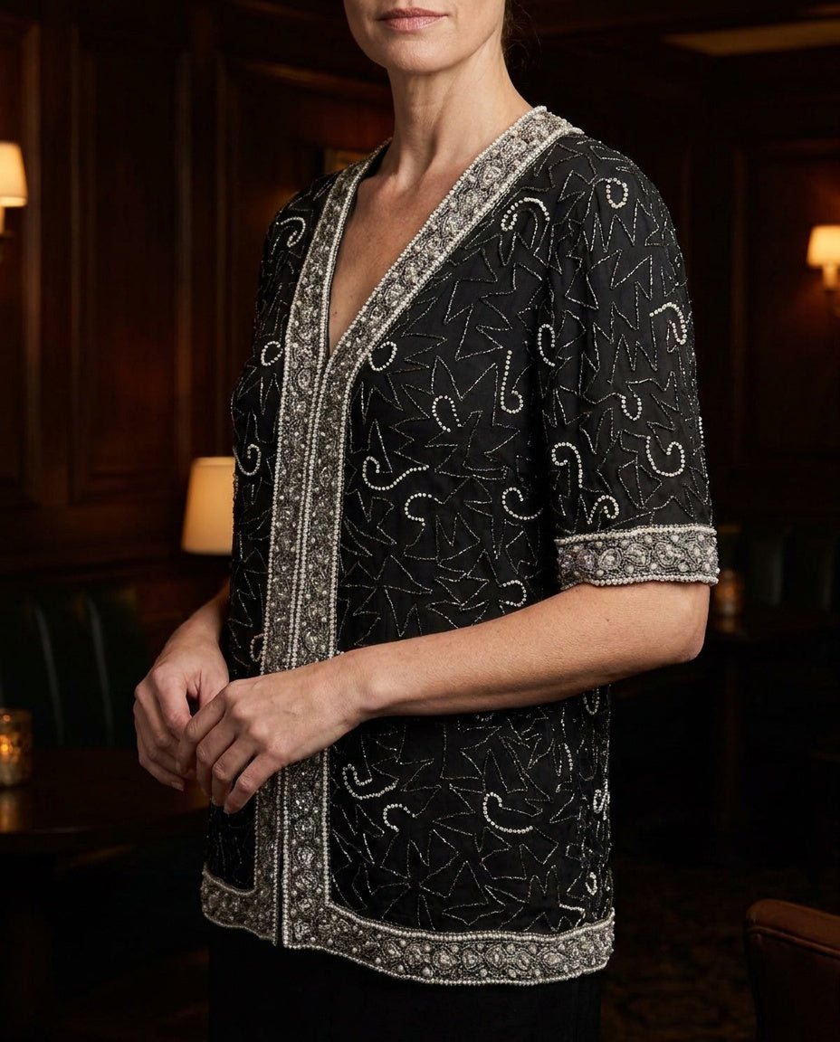 Laurence Kazar Beaded Silk Evening Top (1X) - Black, White, Silver - photo 5