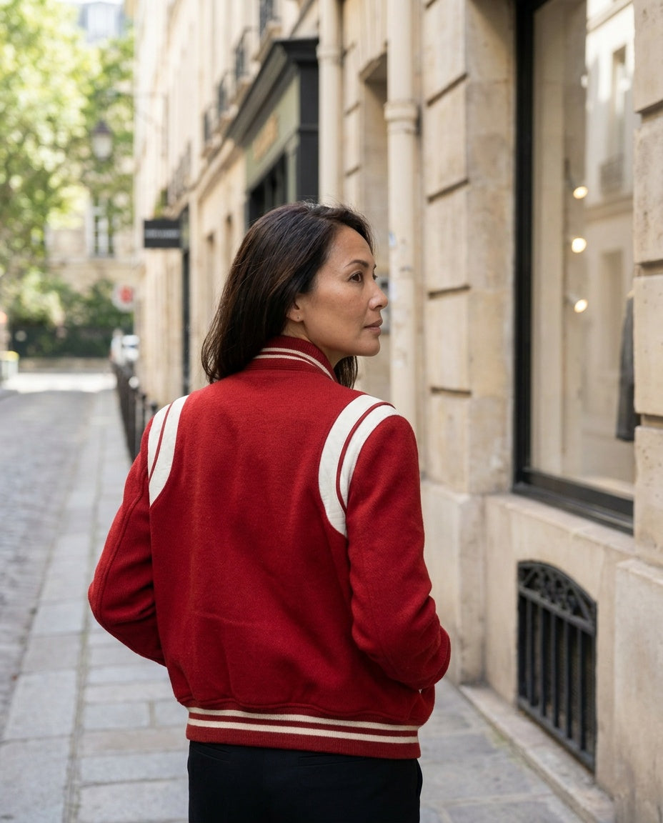 Saint Laurent Red Varsity Bomber Jacket with White/Cream Leather Panels - photo 5
