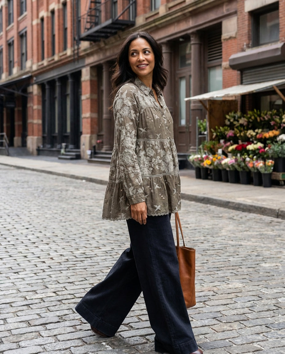 Johnny Was Tiered Embroidered Button-Forward Blouse in Olive/Khaki with Cream Embroidery - photo 5