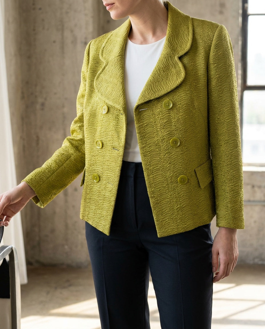 LUCA LUCA Double-Breasted Cropped Jacket in Chartreuse Green with Textured Jacquard Pattern - photo 5