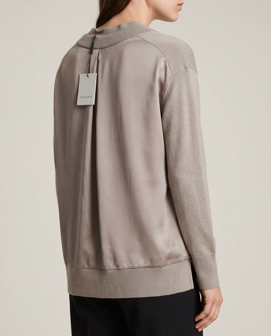 ALLSAINTS Mixed-Media V-Neck Knit Sweater in Taupe/Greige - photo 5
