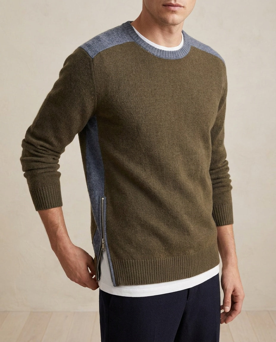 Vince Color-Block Crewneck Sweater in Olive-Brown & Heather Grey-Blue - photo 5