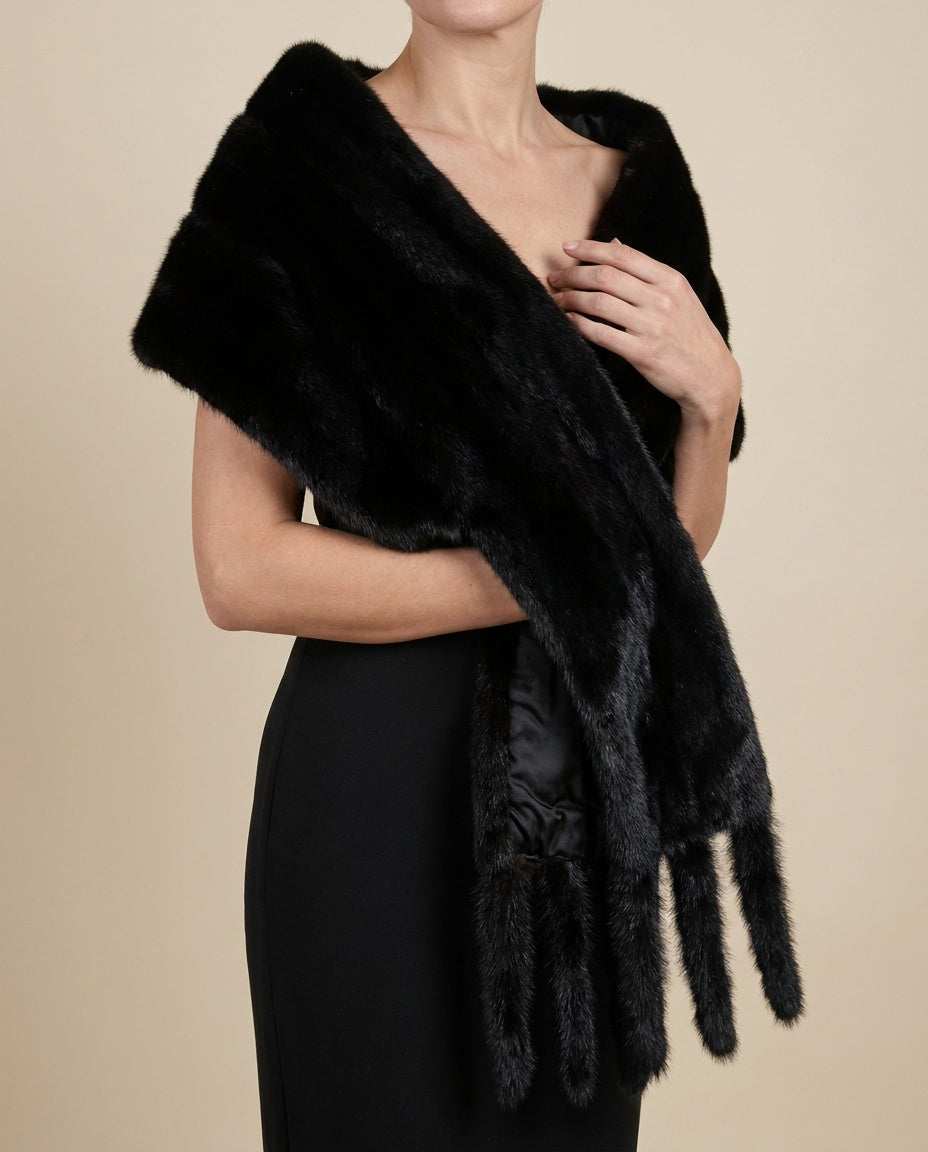 Black Fur Stole with Tassel Fringe Ends - photo 4