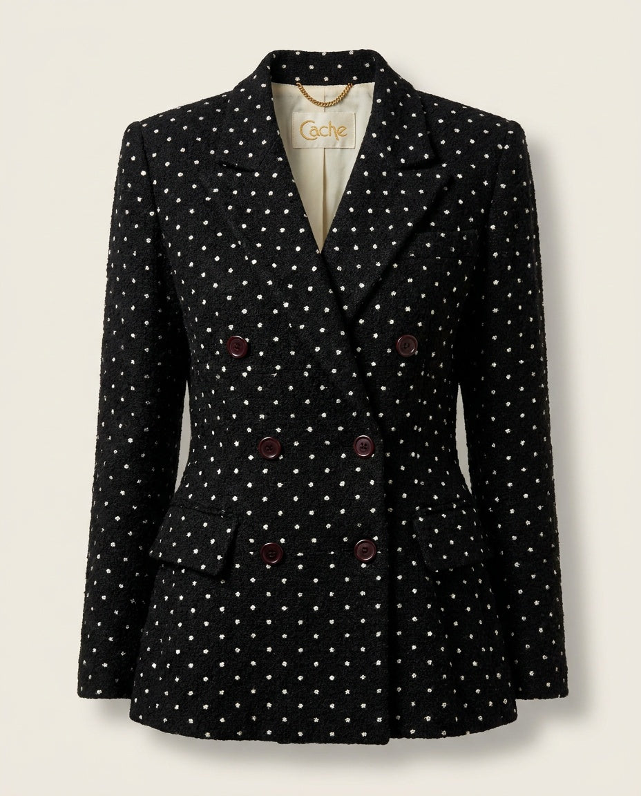 Cache 1980s Double-Breasted Blazer in Textured Boucle with White Dot Pattern - photo 5