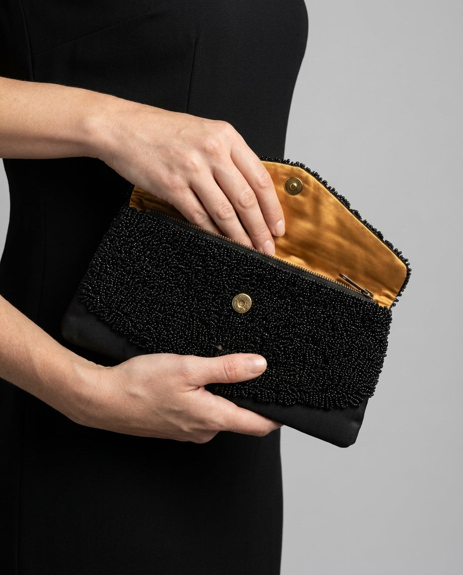Black Seed-Beaded Evening Clutch with Gold-Lined Interior - A Madison Creation - photo 5