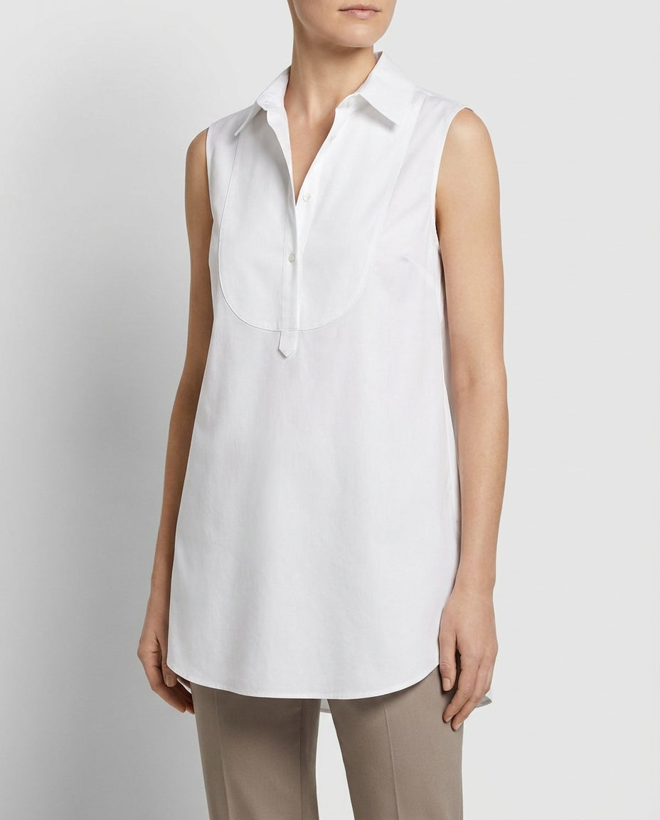 Theory White Sleeveless Collared Bib-Front Tunic Blouse in 72% Cotton/23% Nylon/5% Spandex - photo 5