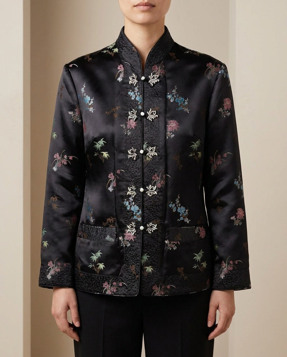 Chinese-Style Satin Jacket with Frog Closures and Allover Floral Print - photo 4