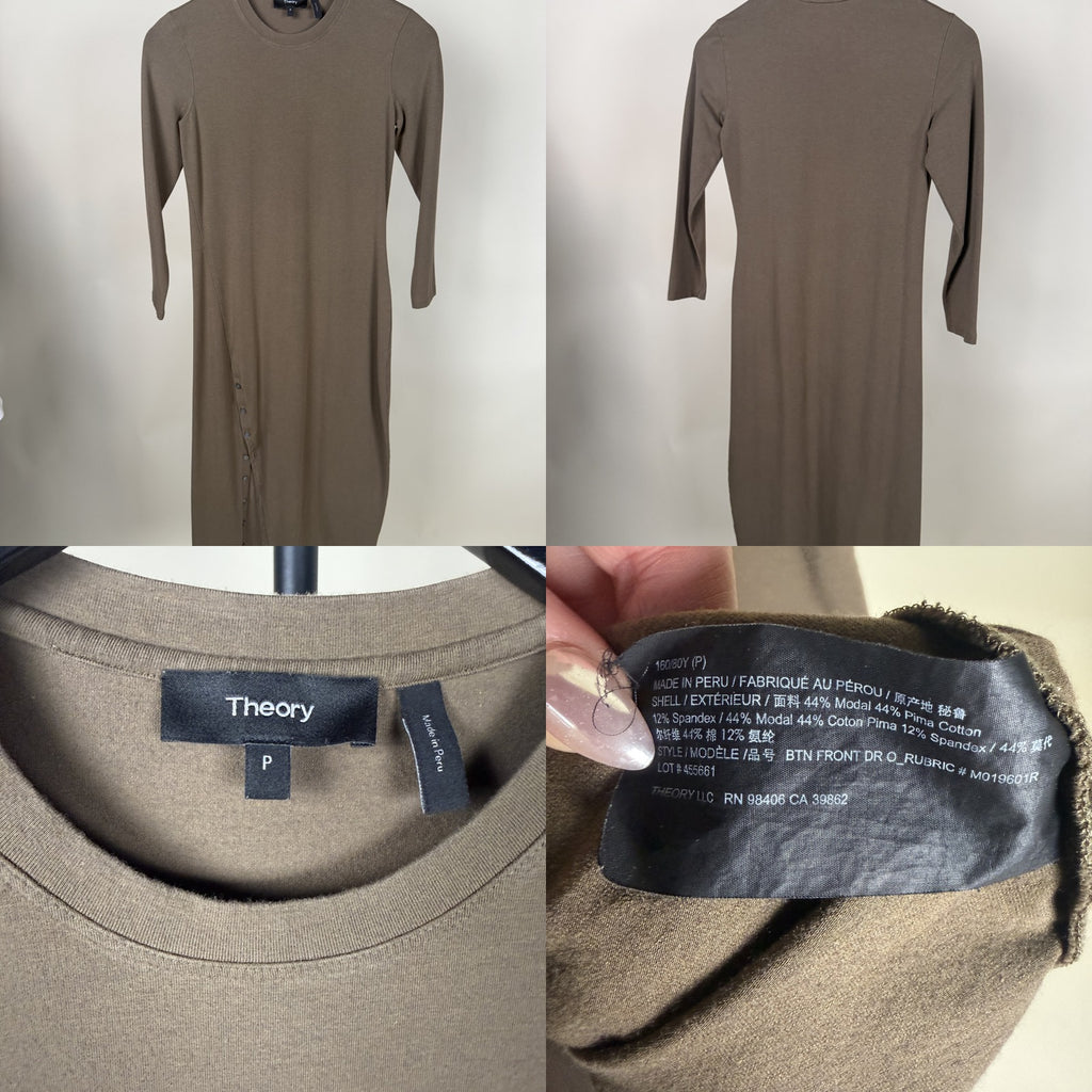 Theory Long-Sleeve Midi Bodycon Dress in Taupe/Olive Brown with Side Snap Closure - photo 6