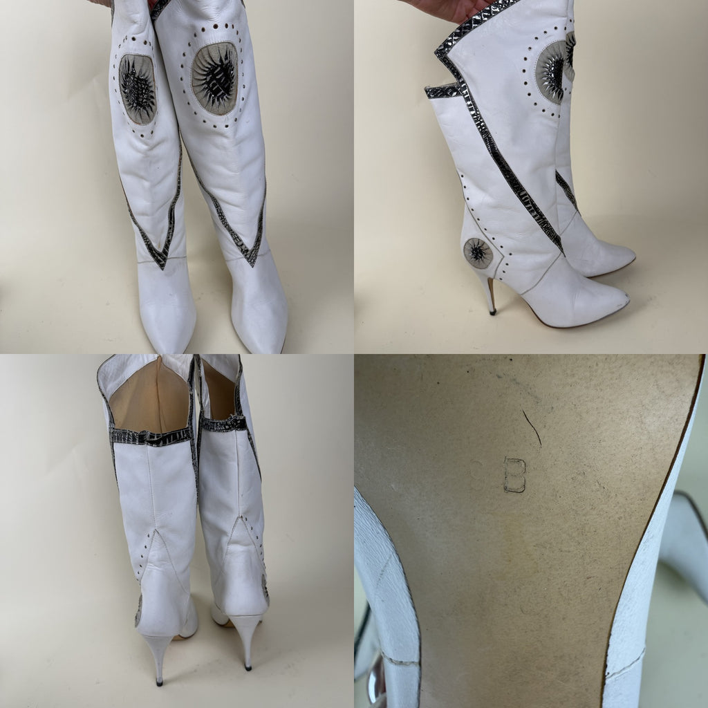 White Knee-High Stiletto Heeled Boots with Sunburst Appliqués and Embossed Trim - photo 4