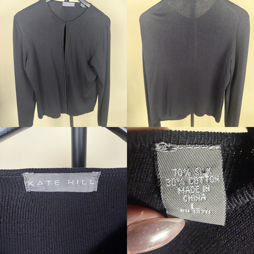 KATE HILL Black Fine Knit Cardigan with Scalloped Hem - photo 6