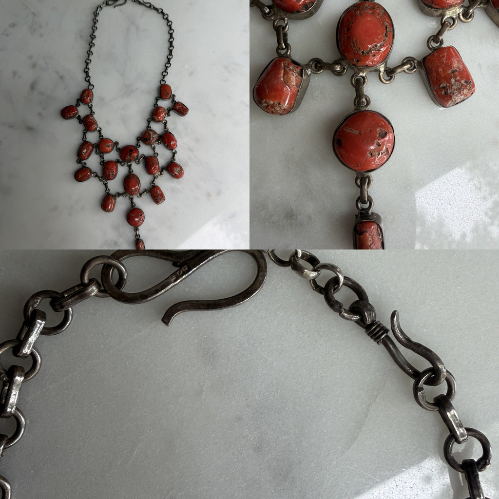 Vintage Multi-Strand Bib Necklace with Red-Orange Cabochon Stones - photo 6