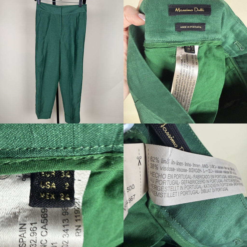 Massimo Dutti Emerald Green Pleated Tapered Trousers with Cuffed Hem, 62% Linen / 38% Viscose - photo 6