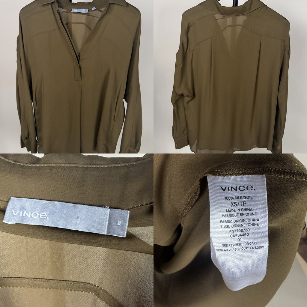Vince Olive Green Silk Long-Sleeve Blouse with Scalloped Hem and Sheer Back Yoke - photo 6