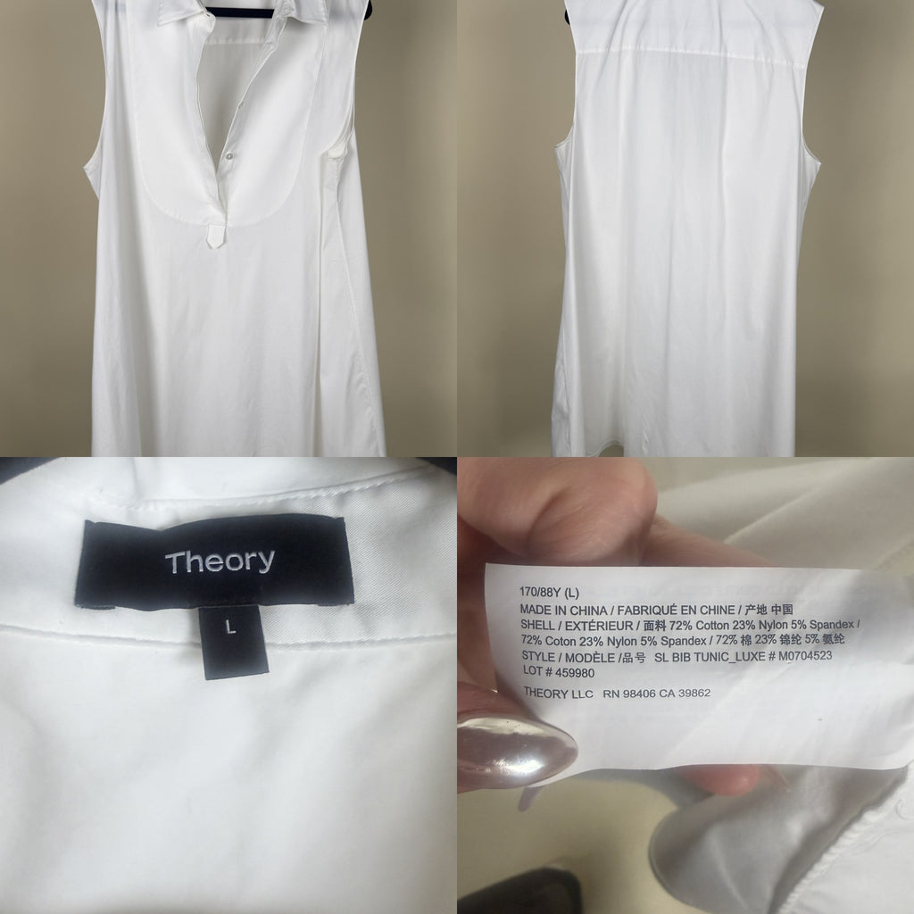 Theory White Sleeveless Collared Bib-Front Tunic Blouse in 72% Cotton/23% Nylon/5% Spandex - photo 6