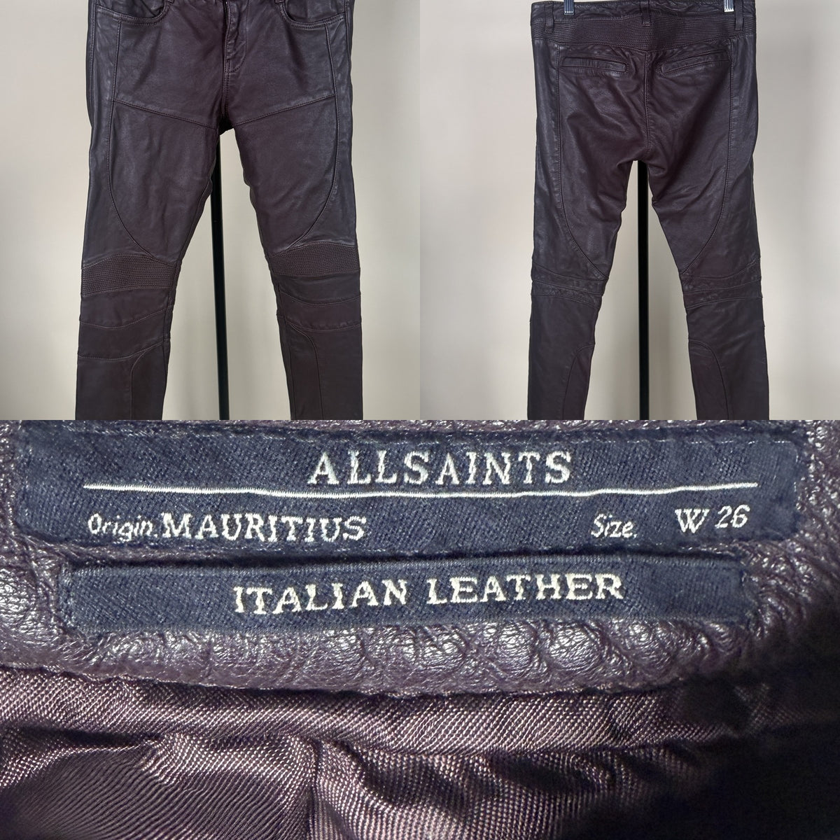 AllSaints Dark Burgundy Italian Leather Moto Trousers W26 - photo 6