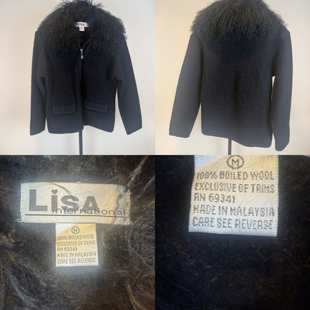 LiSA International Black Boiled Wool Zip Jacket with Curly Fur Collar - photo 6
