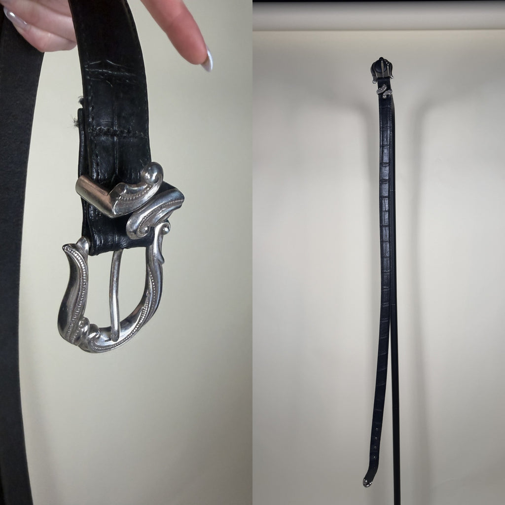 Black Croc-Embossed Leather Belt with Ornate Silver Buckle - photo 4