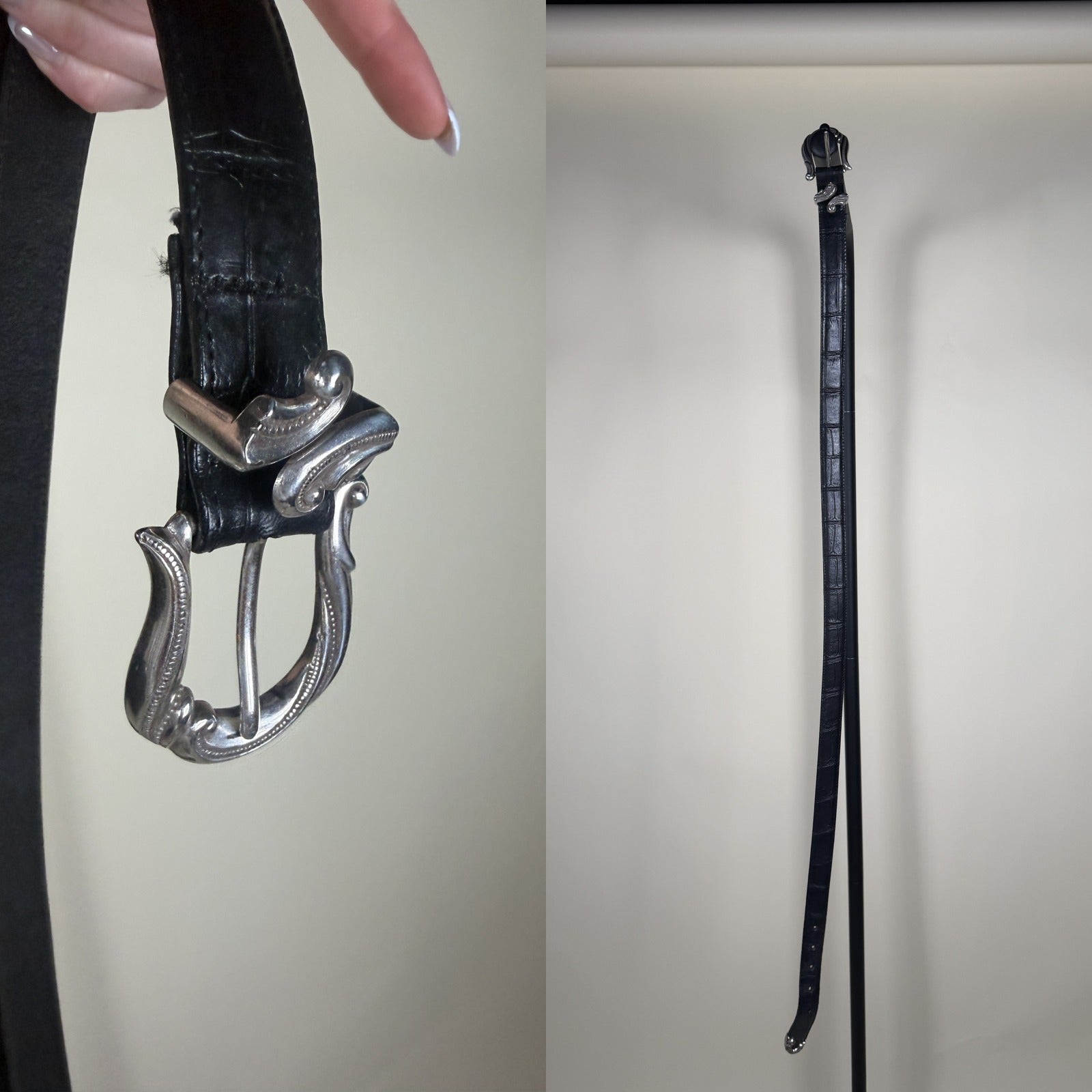 Black Croc-Embossed Leather Belt with Ornate Silver Buckle - photo 4