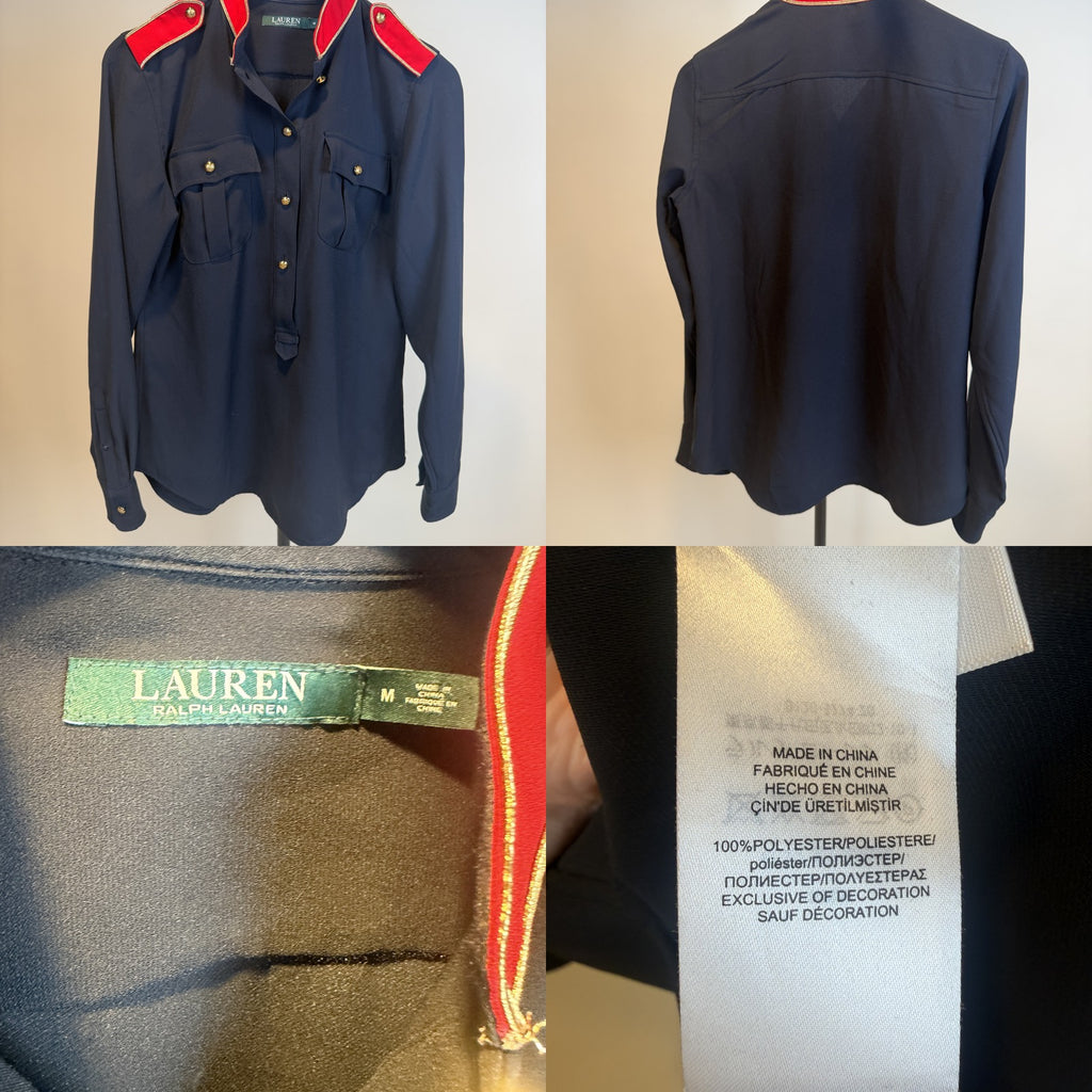 Lauren Ralph Lauren Navy Blue Military-Style Blouse with Red Epaulettes and Gold Trim - photo 6