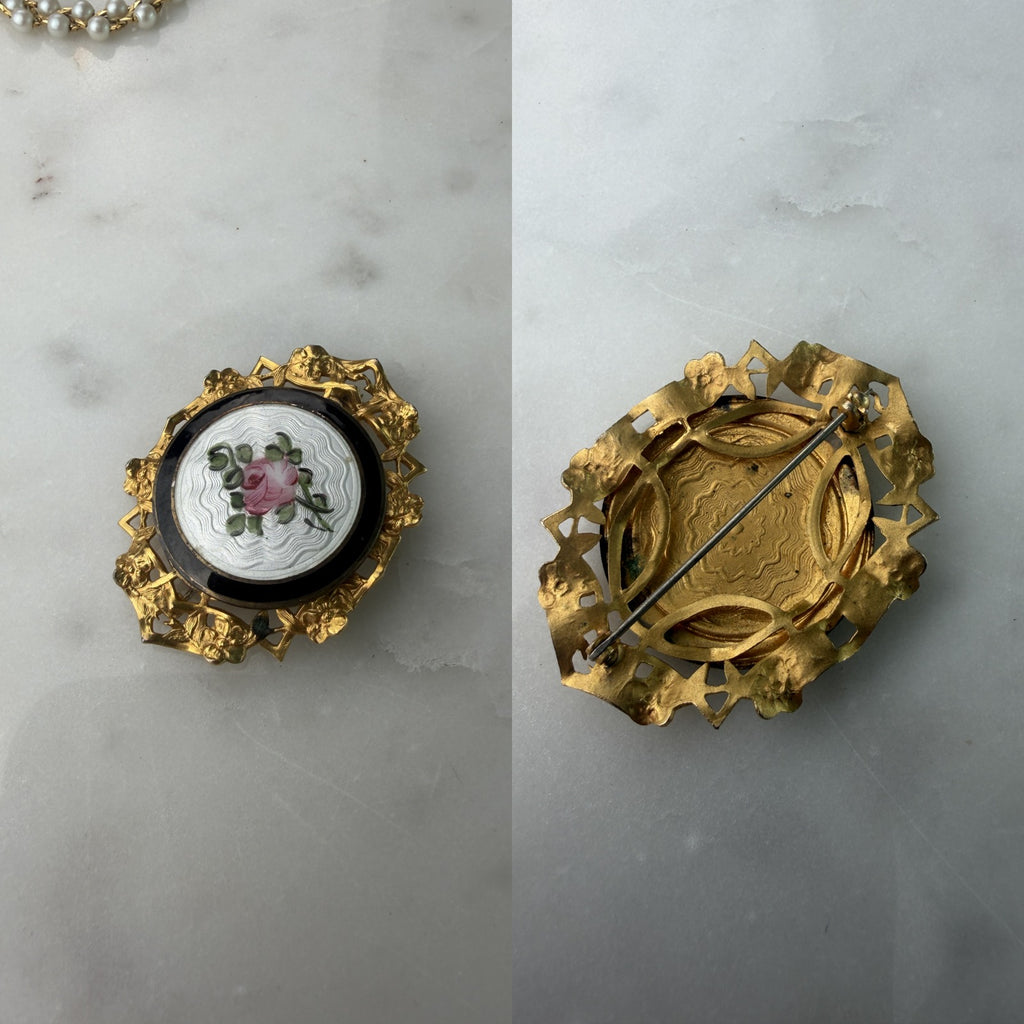 Vintage Gold-Tone Enamel Brooch with Pink Rose and Guilloche Design - photo 5