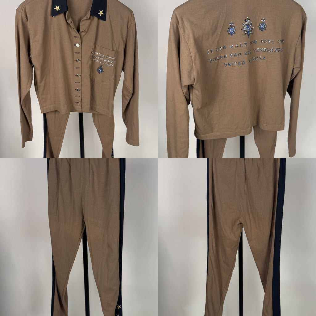 UNITED MORGAN 1980s Military-Inspired Cropped Shirt & Slim Track Pants in Tan/Khaki with Embroidery - photo 5