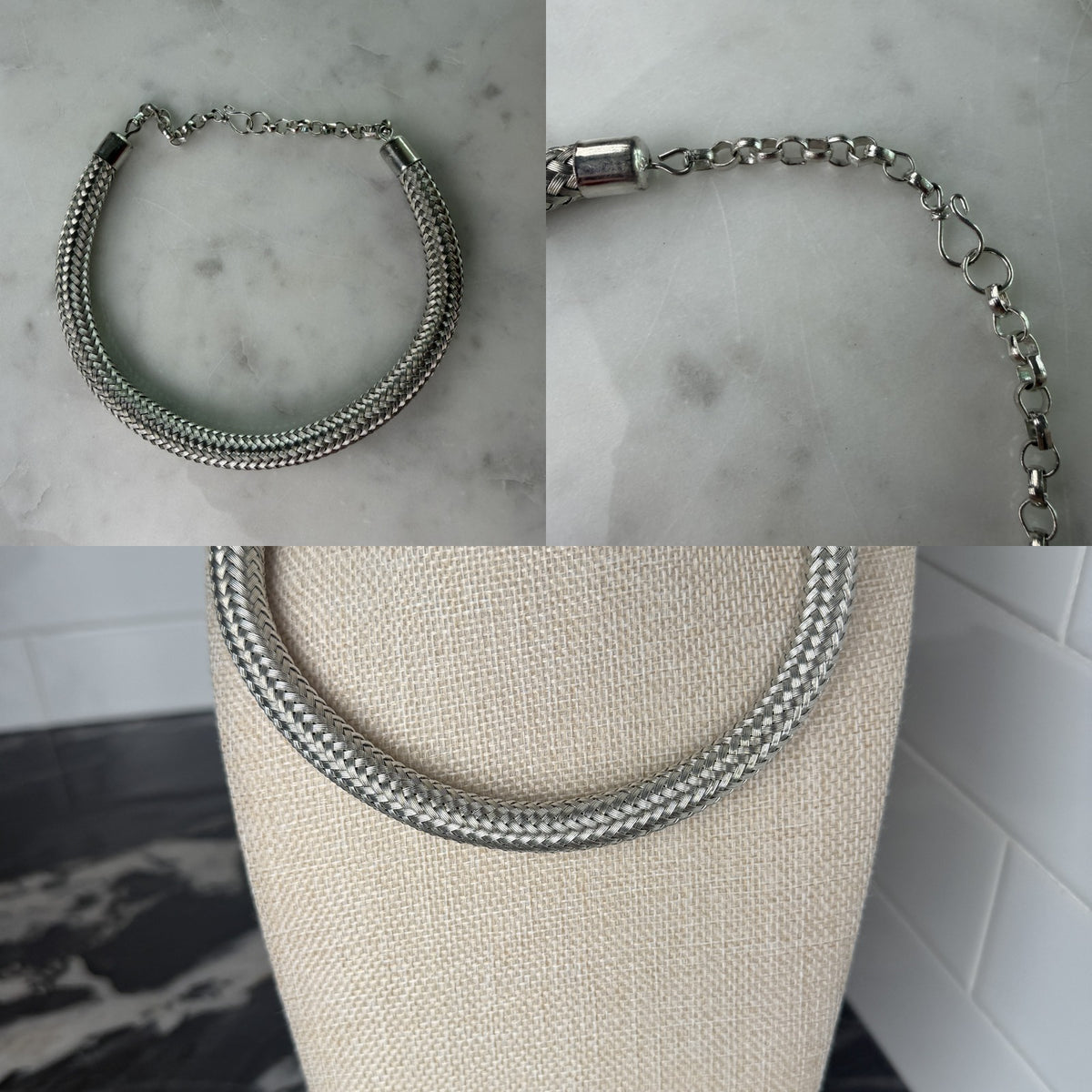 Silver and Grey Woven Metal Mesh Choker Necklace - photo 6