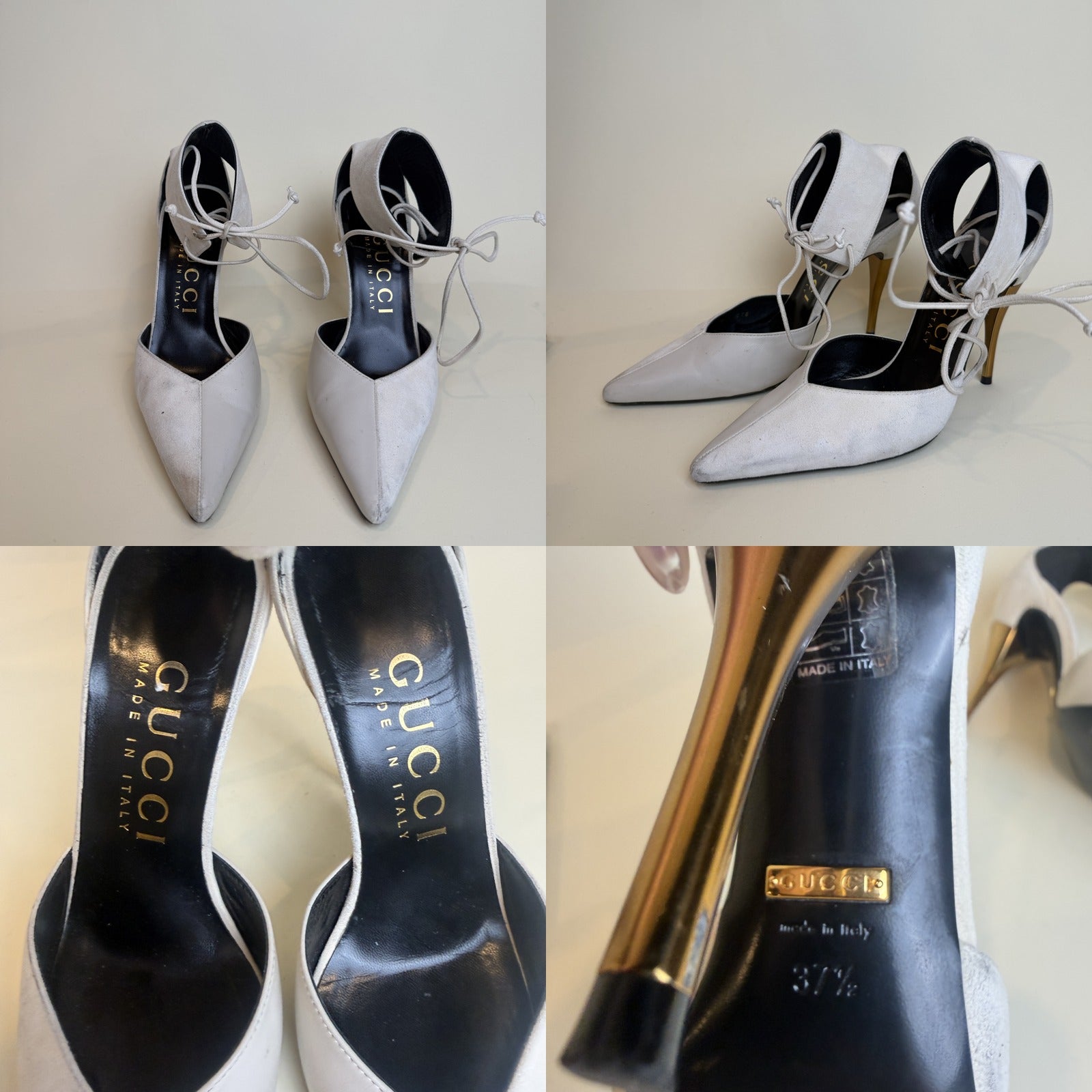 Gucci Pointed-Toe D'Orsay Stiletto Heel with Gold-Ankle Tie, Light Grey/White Matte Upper - photo 6