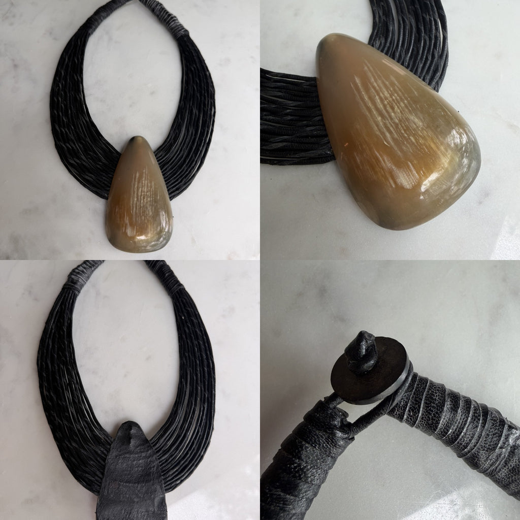 Mid-20th Century Multi-Strand Leather Cord Bib Necklace with Teardrop Pendant - photo 6