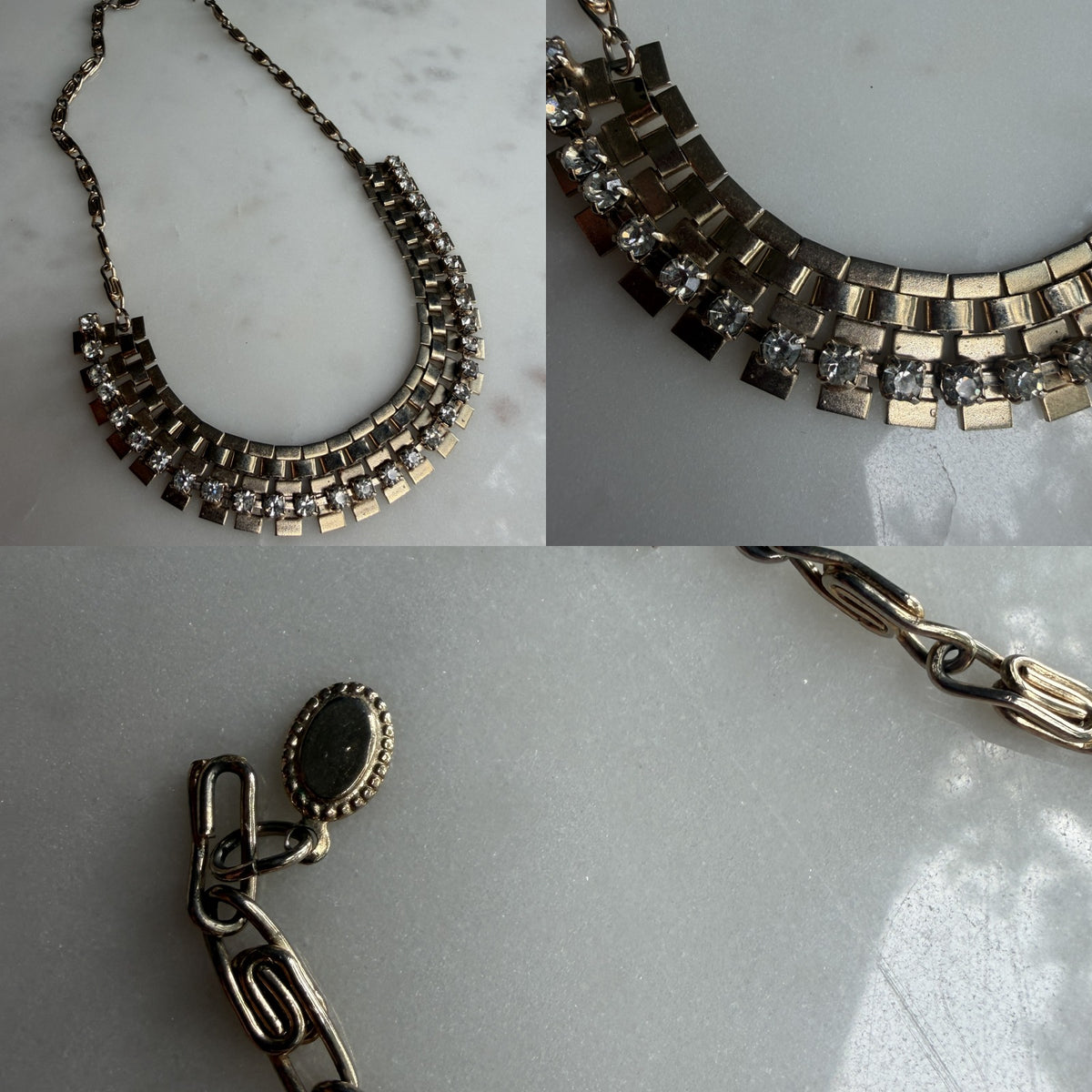 Mid-Century Rhinestone and Book-Chain Bib Necklace - photo 6