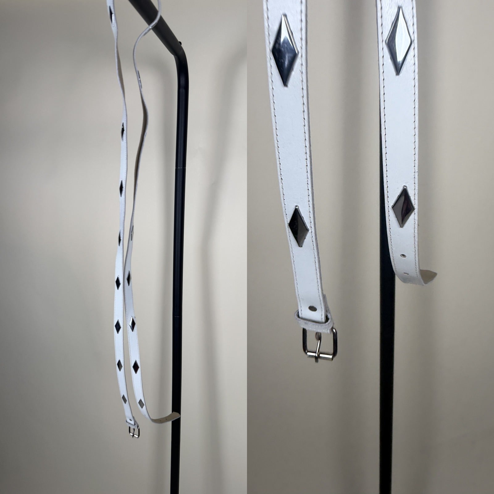 White Narrow Studded Belt with Silver Diamond Studs - photo 5