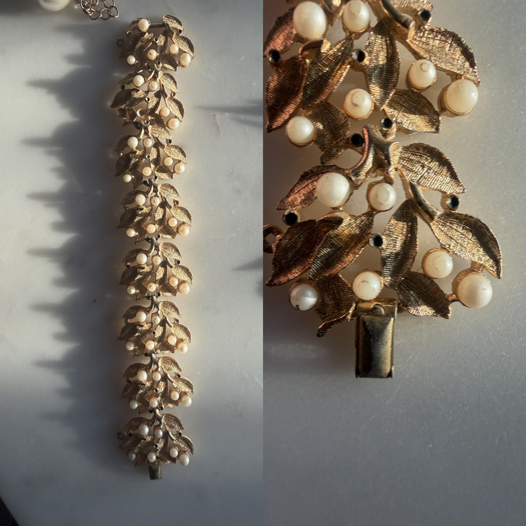 Gold-Tone Leaf and Faux Pearl Link Bracelet - photo 5