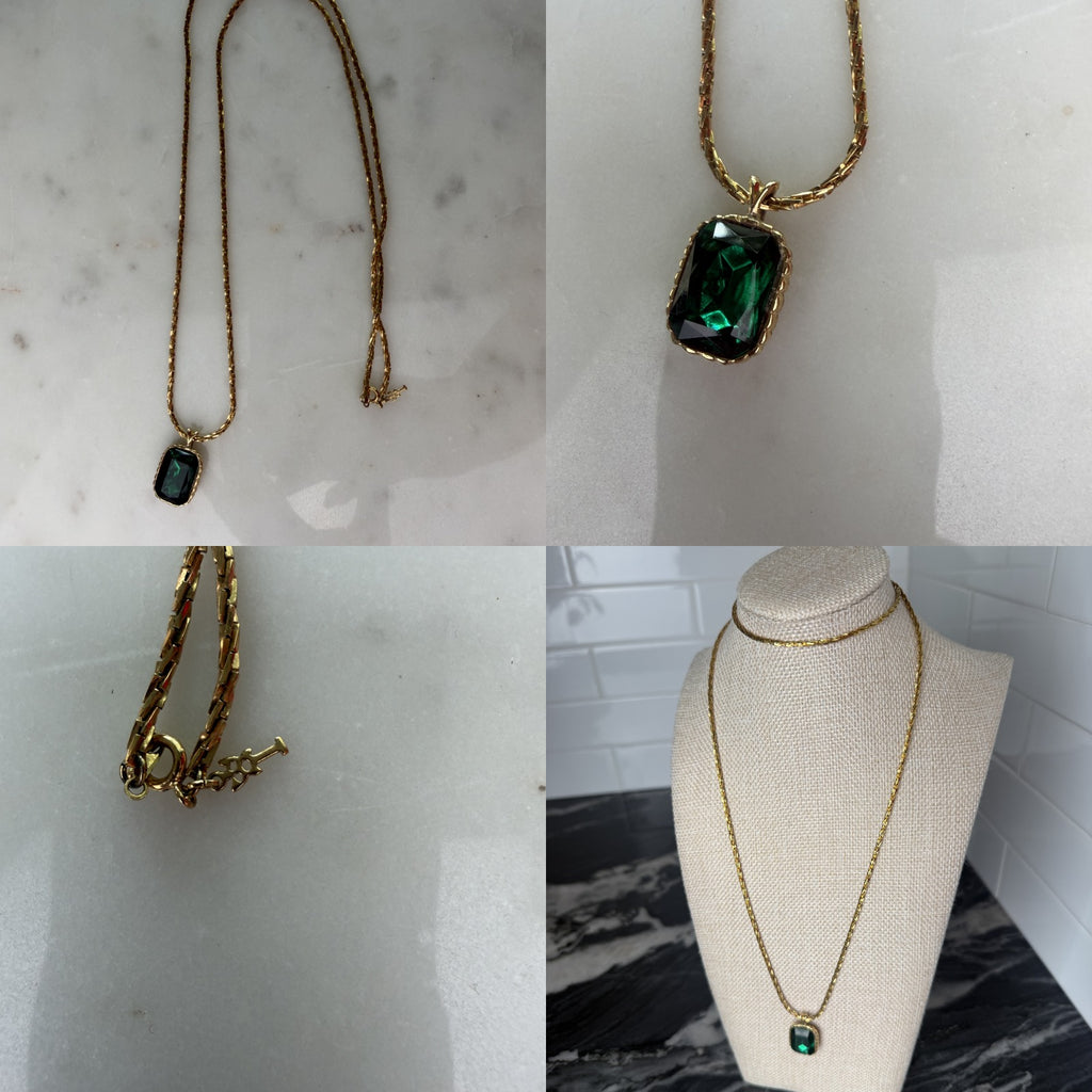 Mid-Century Gold-Tone Chain Necklace with Emerald-Cut Green Stone Pendant - photo 6