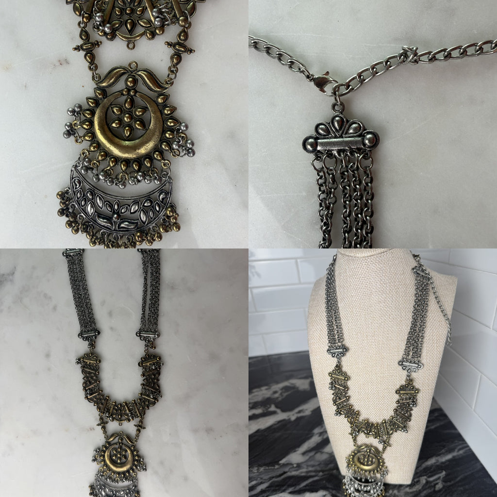 Dual-Tone Chandelier Statement Necklace with Ornate Bib Panels - photo 6
