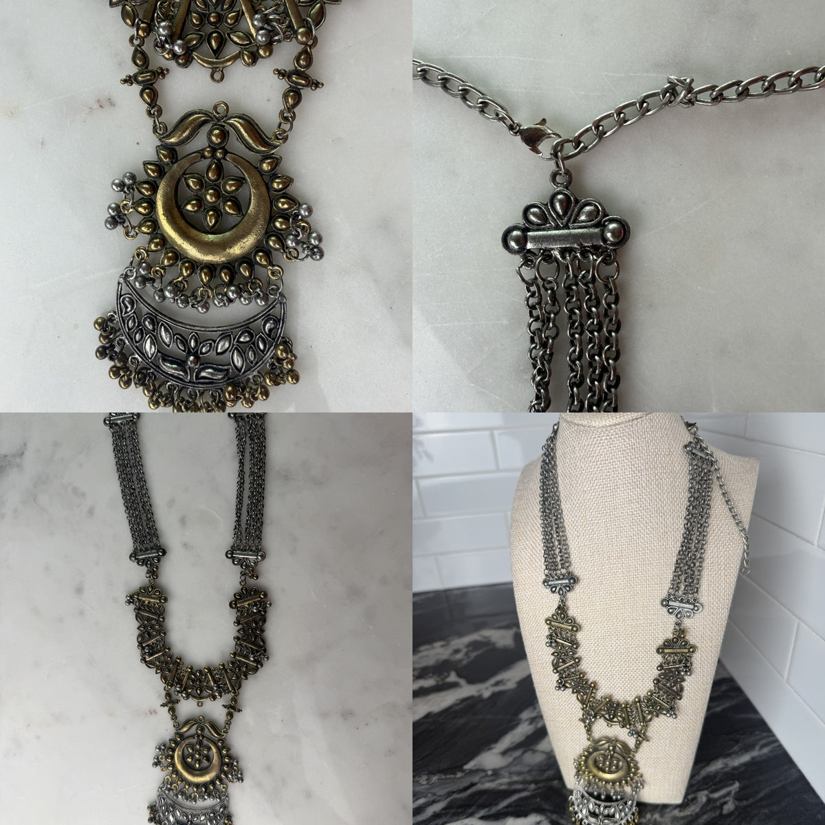Dual-Tone Chandelier Statement Necklace with Ornate Bib Panels - photo 6