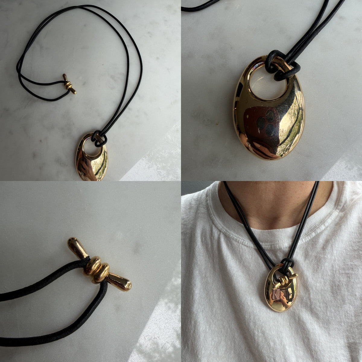Large Gold-Tone Oval Pendant Necklace on Adjustable Black Cord - photo 6