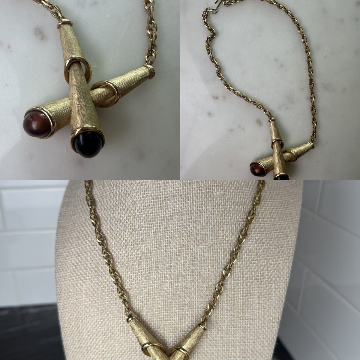 Gold-Tone Double Rope Statement Necklace with Double Cone Pendants and Cabochon Stones - photo 6