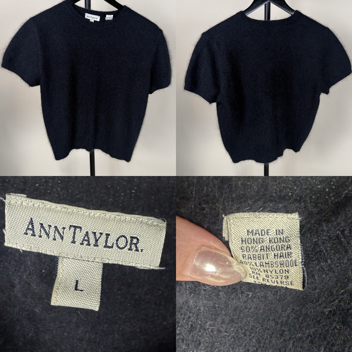 Ann Taylor Short-Sleeve Crewneck Knit Sweater in Dark Navy with Angora Blend - photo 6