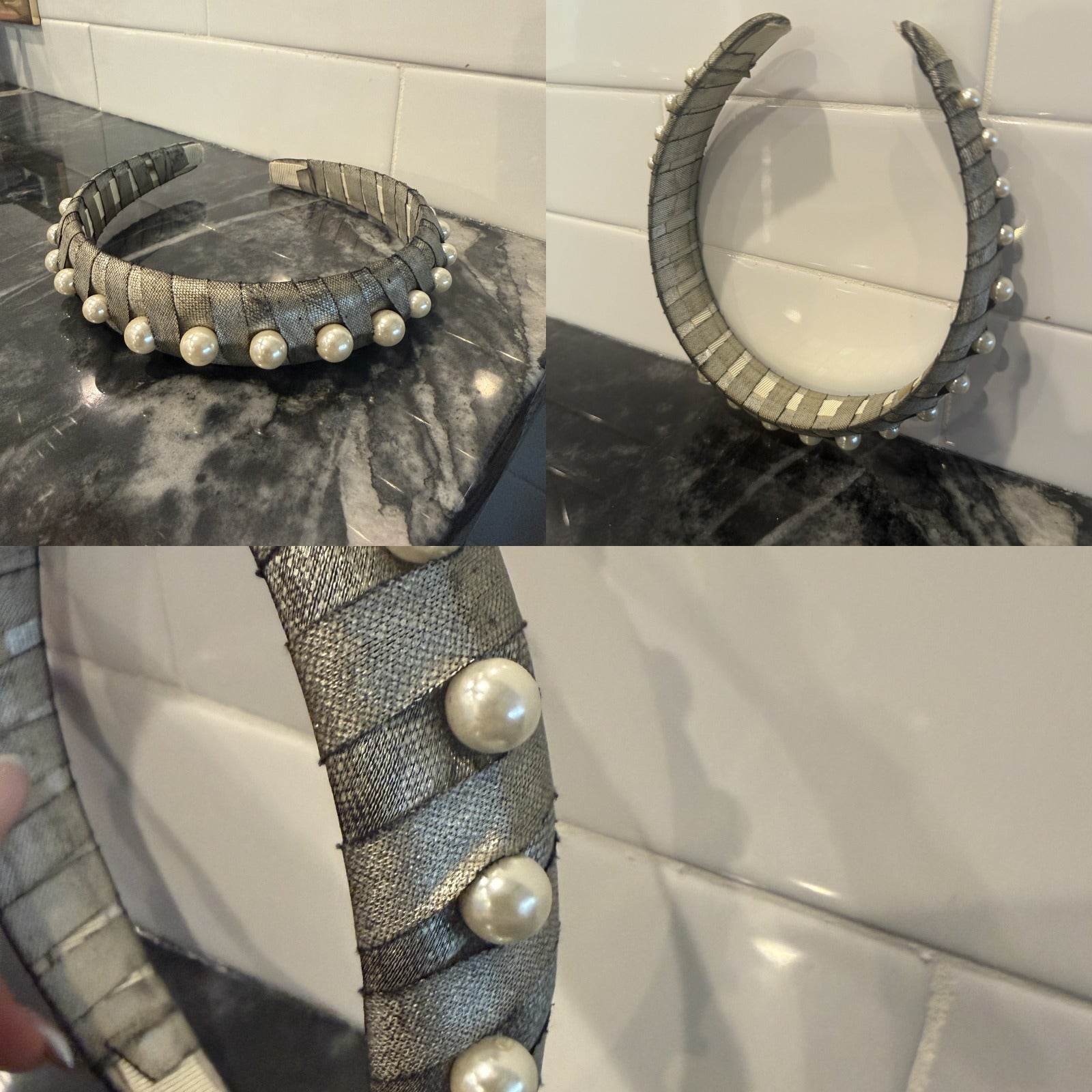 Silver-Grey Fabric-Wrapped Headband with Simulated Pearl Accents - photo 6