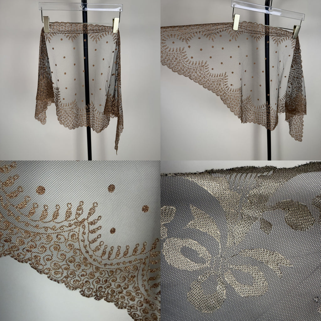 Triangular Embroidered Net Shawl with Bronze/Gold Metallic Thread - photo 4