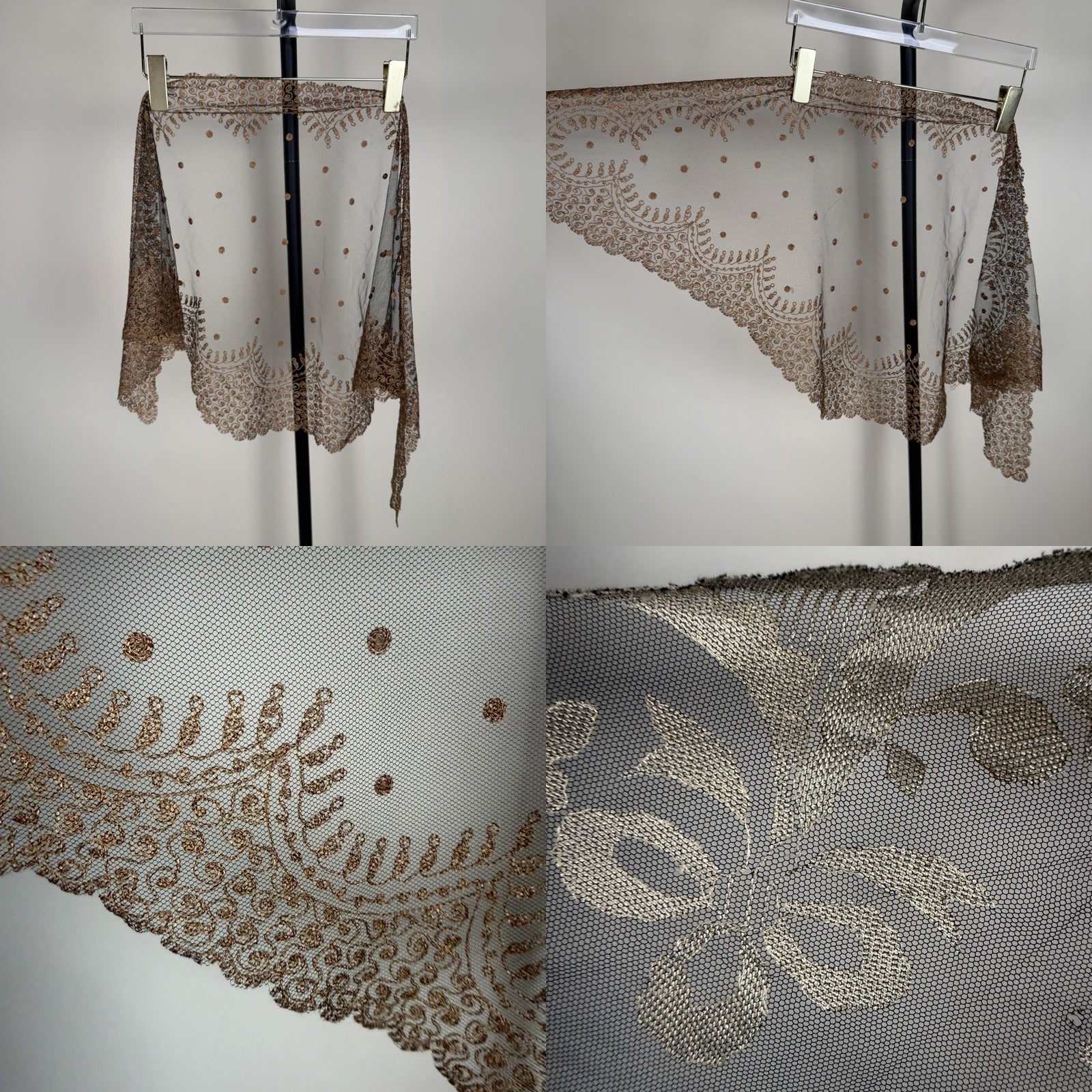 Triangular Embroidered Net Shawl with Bronze/Gold Metallic Thread - photo 4