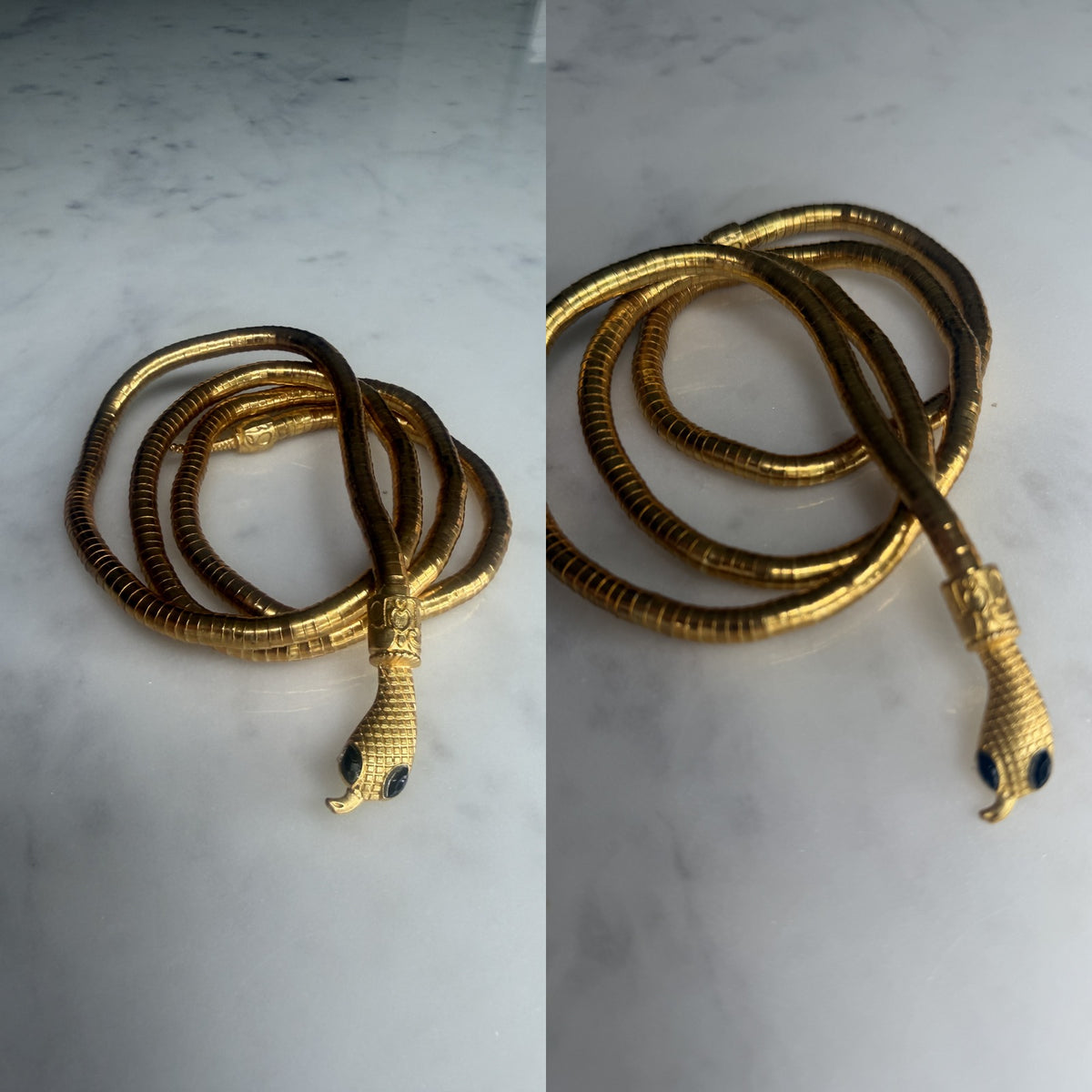 Gold-Tone Snake-Form Flexible Metal Belt with Sculpted Head and Blue Cabochon Eyes - photo 5