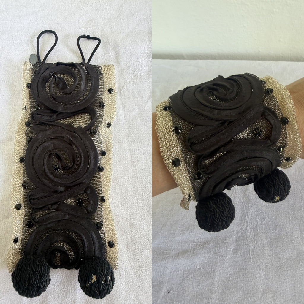 Gold Mesh Wrist Cuff with Black Fabric Scroll Appliqués - photo 5