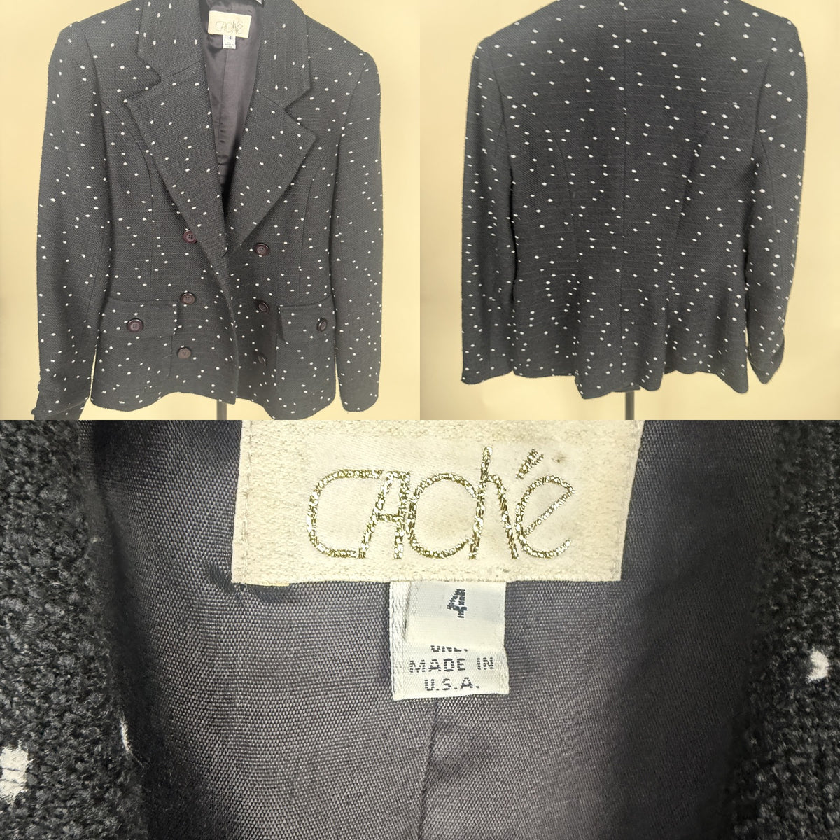 Cache 1980s Double-Breasted Blazer in Textured Boucle with White Dot Pattern - photo 6