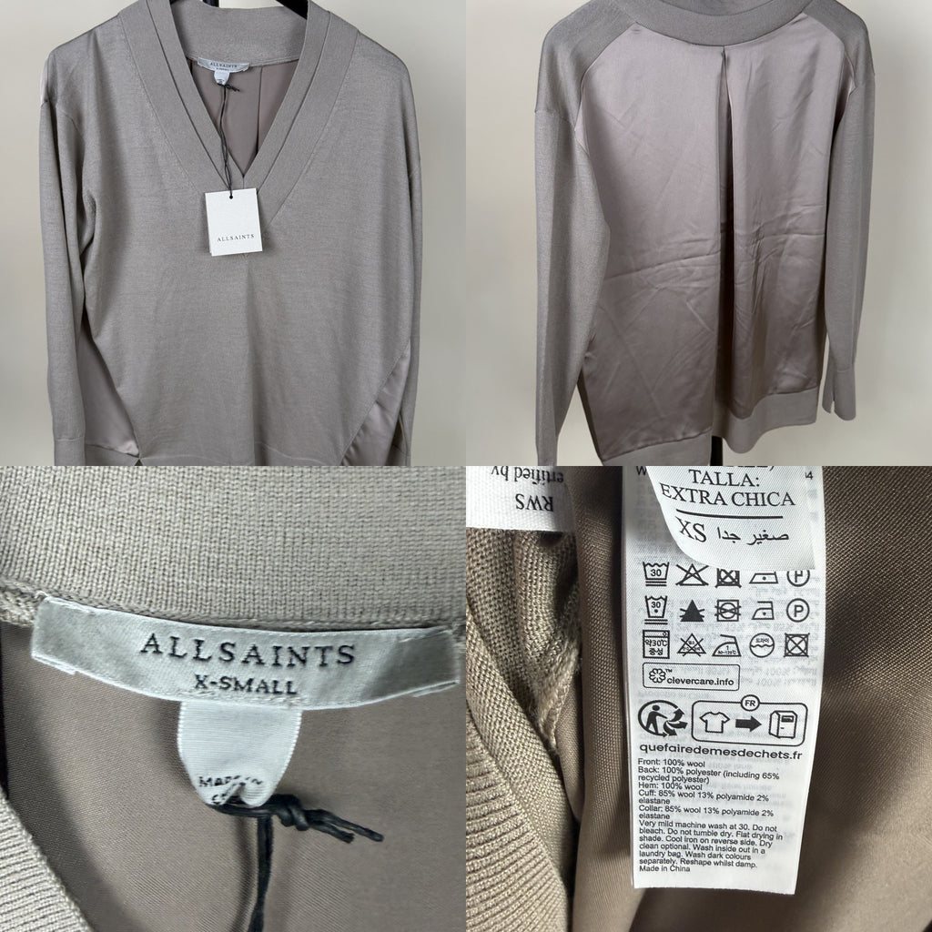 ALLSAINTS Mixed-Media V-Neck Knit Sweater in Taupe/Greige - photo 6