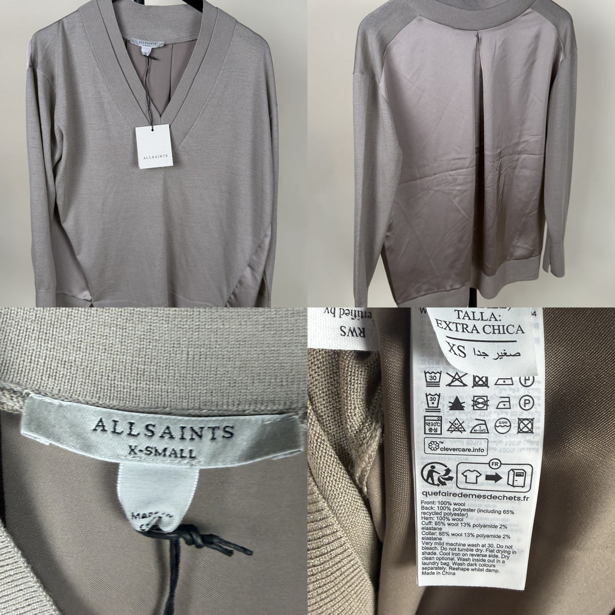 ALLSAINTS Mixed-Media V-Neck Knit Sweater in Taupe/Greige - photo 6
