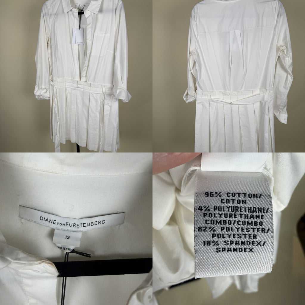 Diane von Furstenberg White Shirt Dress with Pleated Skirt and Self-Tie Belt - photo 6